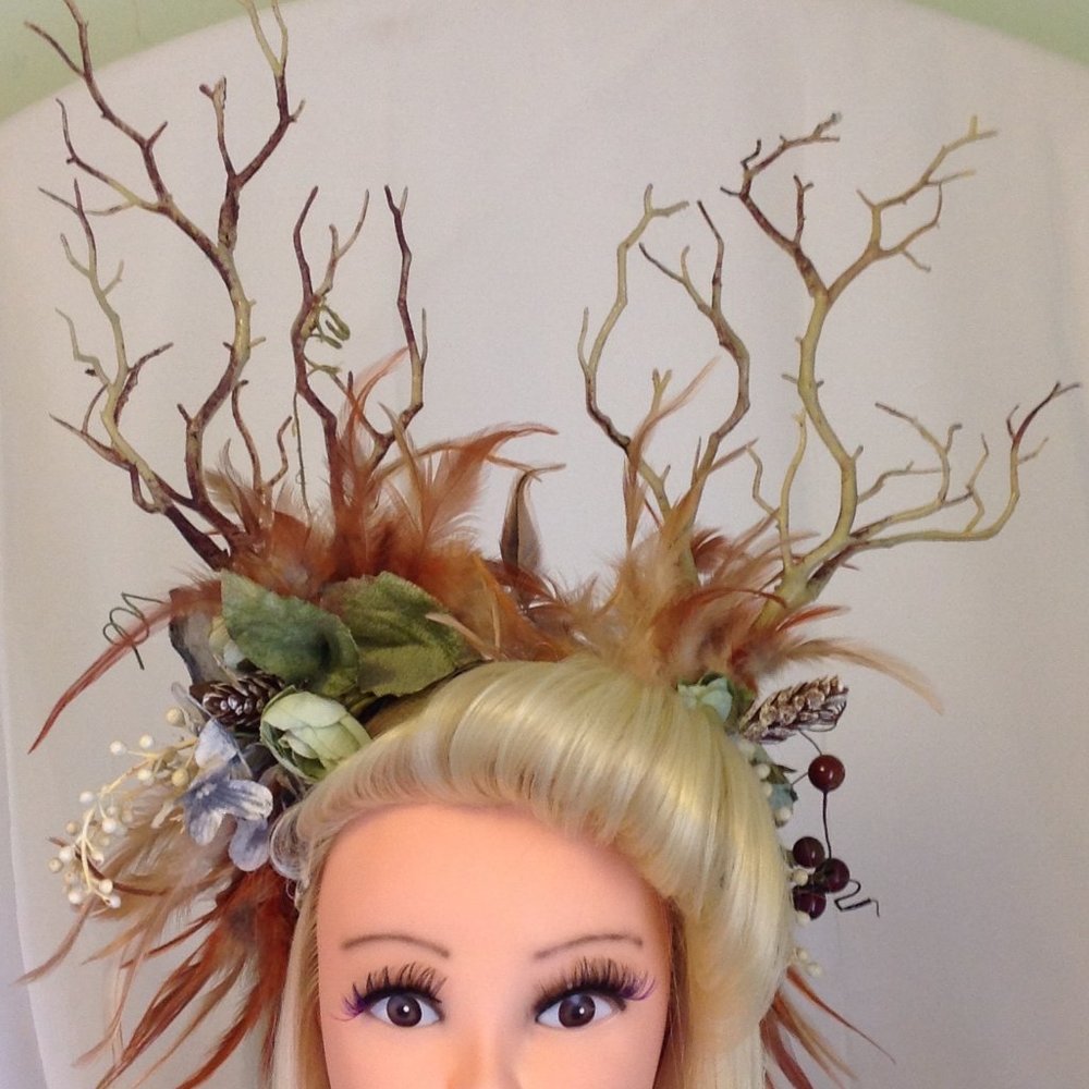 Headpiece Fascinator Deer theme. Brown and green Cosplay dress up